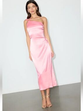 NWT Lulus Yvonne Light Pink Satin One-shoulder Midi Dress - Size M